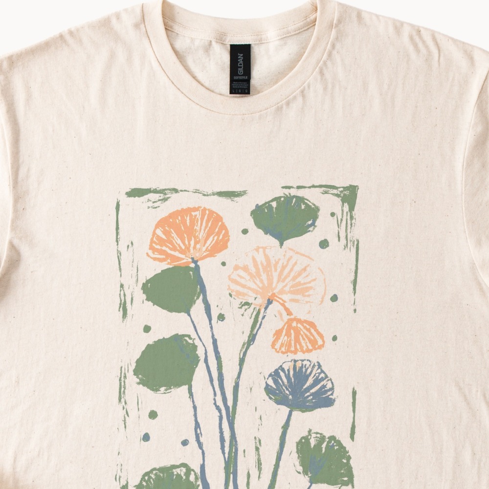 Hand-Painted Botanical Graphic Tee with Radiating Flowers